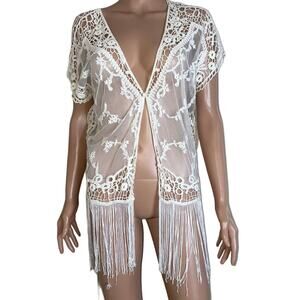 Questions top/blouse lace tassel bottom swim  cover up semi sheer white SZ XL
